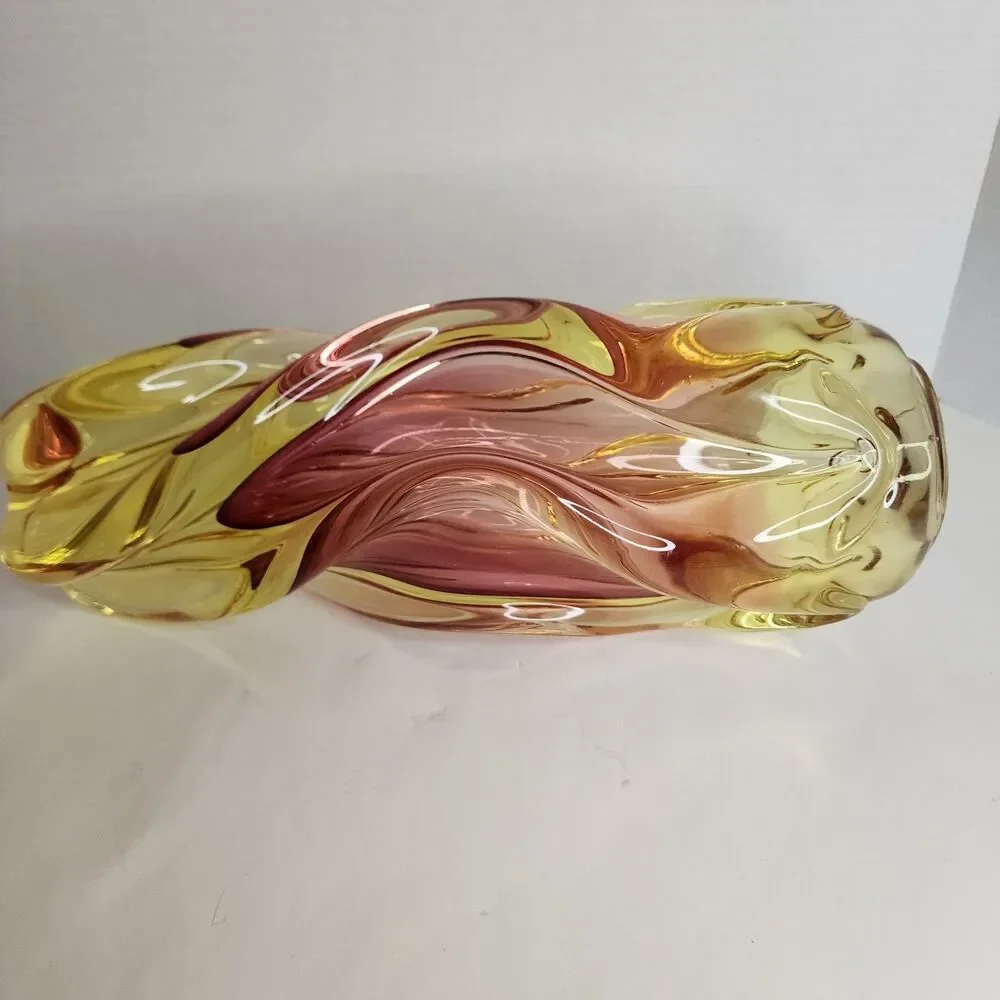 Vintage Hand Made Bohemia Glass Czech Republic Twisted Glass Vase Amber/Pink